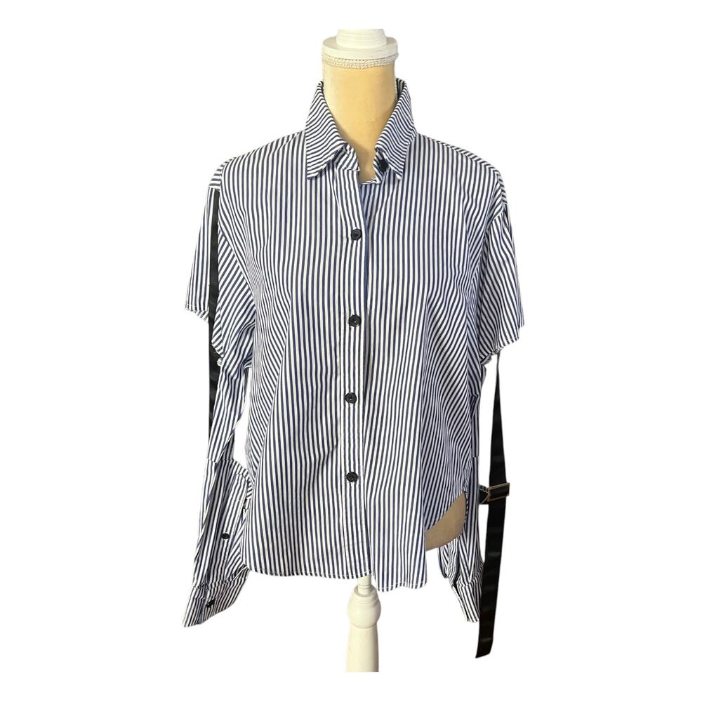 Carmar Los Angeles Blue Stripe Top Blouse Cold Open Sleeve Belt Detail Medium